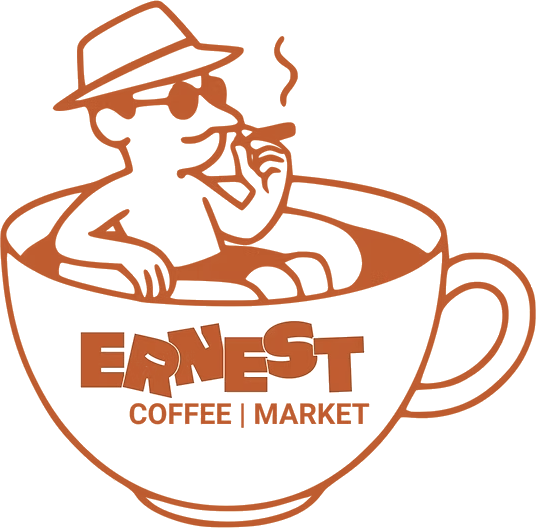 Ernest Coffee | Market logo: a man in a hat and sunglasses relaxing in a coffee cup