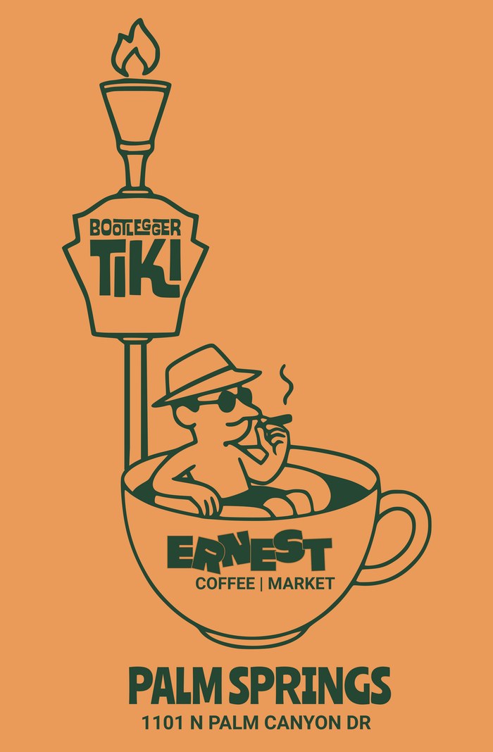 Front of the Bootlegger Tiki and Ernest Coffee gift card: a man in a hat and sunglasses relaxing in an Ernest coffee cup beneath a Bootlegger Tiki torch, Palm Springs, 1101 N Palm Canyon Dr